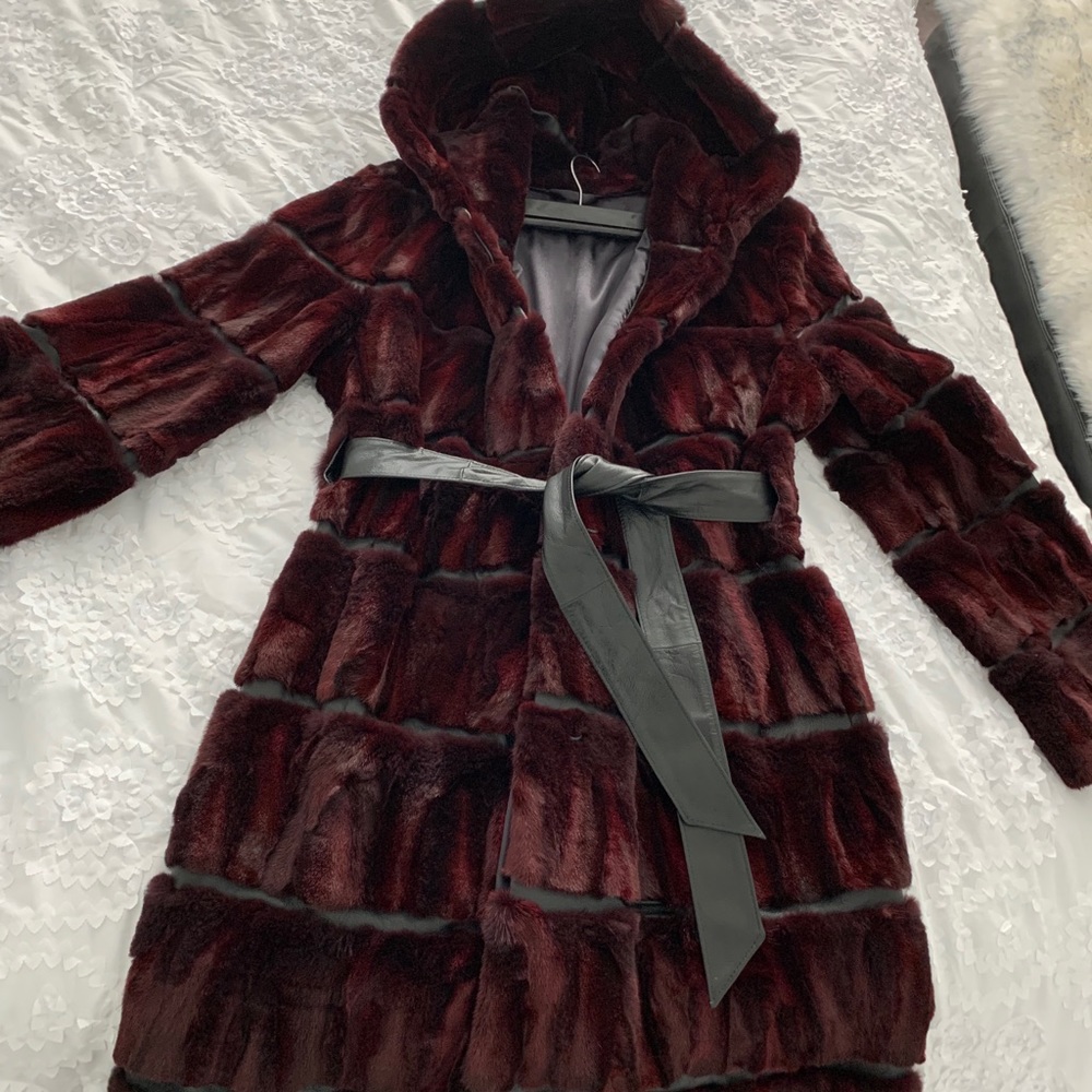 New FOX FUR TRIMMED WITH LEATHER COAT- Burgundy